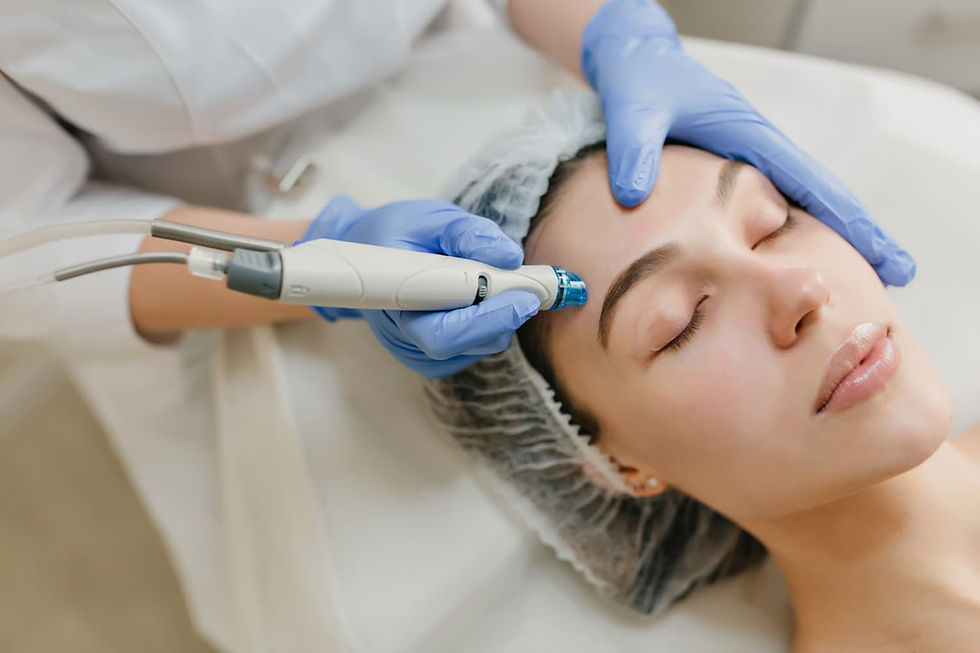 A serene woman receives a facial treatment with a HydraFacial device. Technician in blue gloves, white background. Calm and relaxed mood.