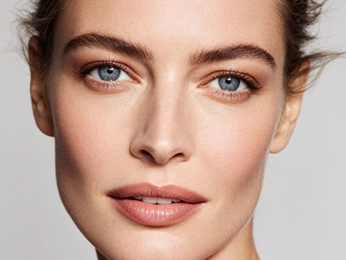 Close-up of a woman with blue eyes and neutral expression. She has light makeup, natural complexion, and is set against a plain background.