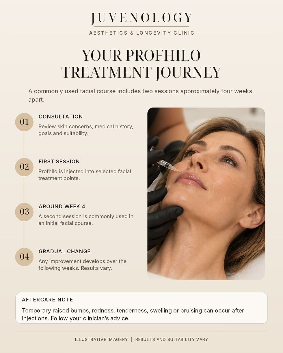 Juvenology clinic infographic on Profhilo treatment journey, showing a woman receiving a facial injection and numbered steps.
