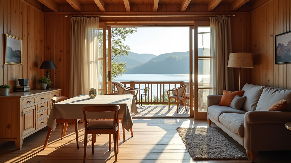 Weitwinkelaufnahme einer gemütlichen Ferienwohnung mit Blick auf den See