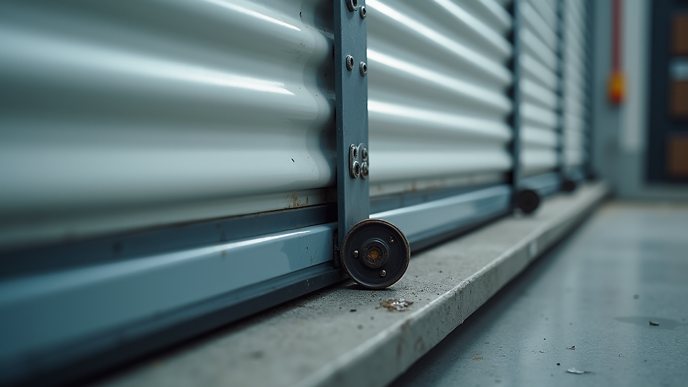 Close-up view of a garage door roller and track with lubricant applied