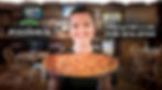 Smiling waitress holding pizza, La Pizzeria with phone number. New York-style pizza Morganton GA.