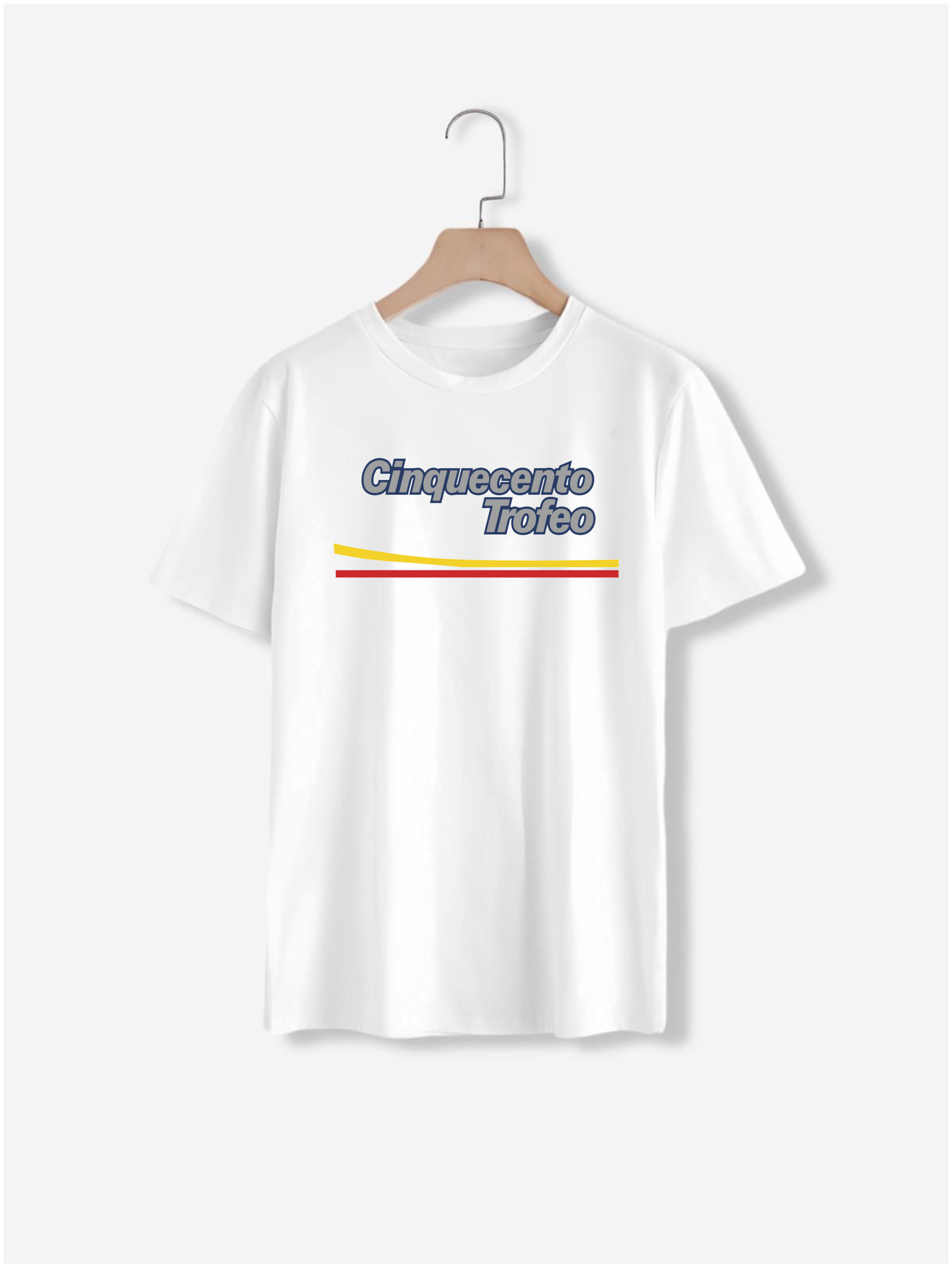 T-shirt bianca con Cinquecento Trofeo stampato, originale e vintage. Cinquecento Trofeo.