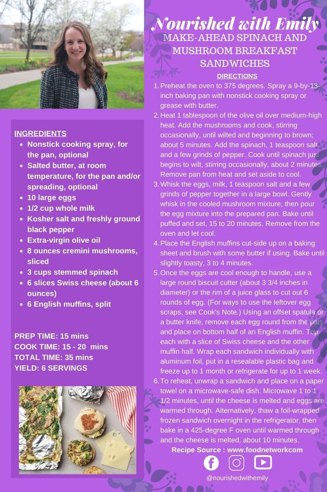 Makeahead Spinach and Mushroom Breakfast Sandwiches