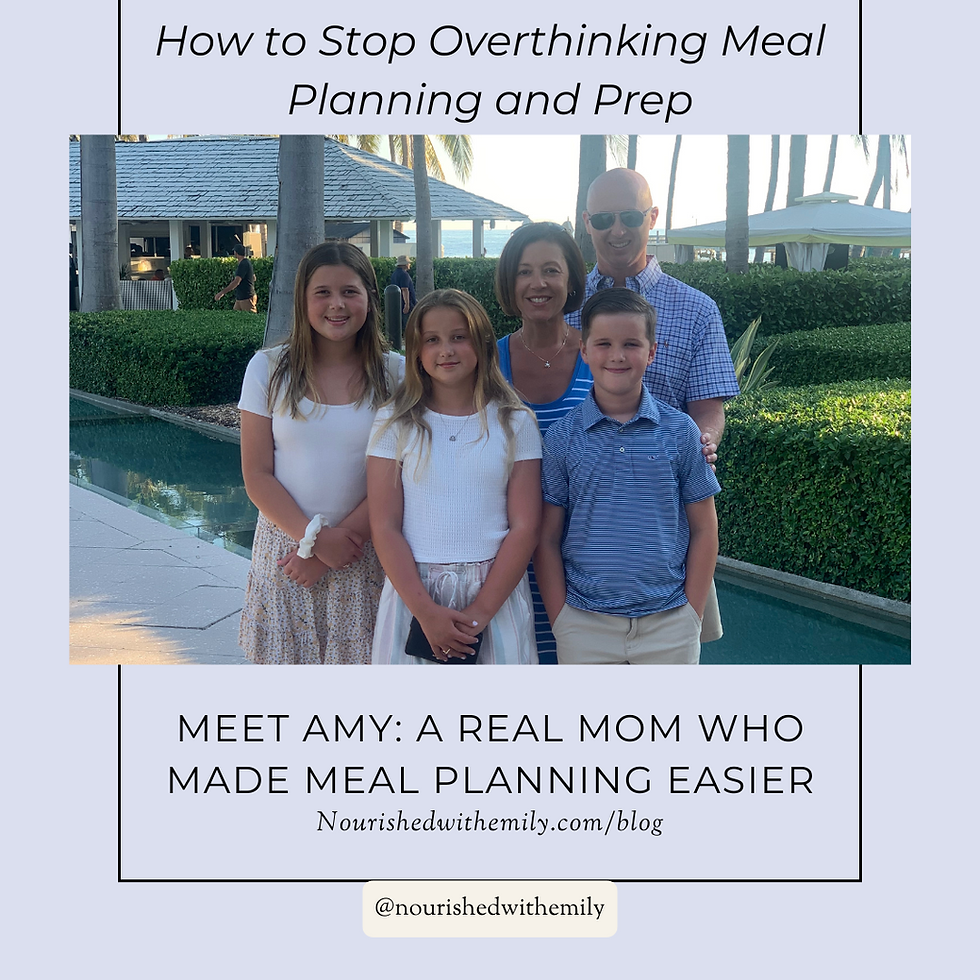 Family of five smiling by a pool with palm trees. Text: "How to Stop Overthinking Meal Planning and Prep. Meet Amy." Blog info included.