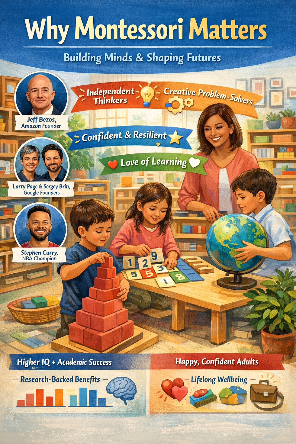 Children engaging with educational toys in a classroom. A woman smiles, fostering "Love of Learning." Text highlights Montessori benefits.