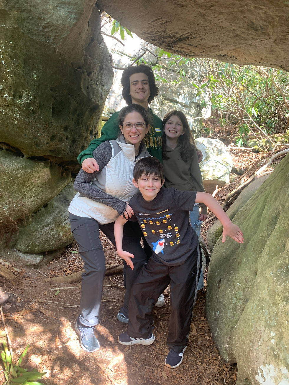 A smiling family of four poses in a rocky, wooded area. Bright sunlight filters through leaves. The boy wears a shirt with a shark design.