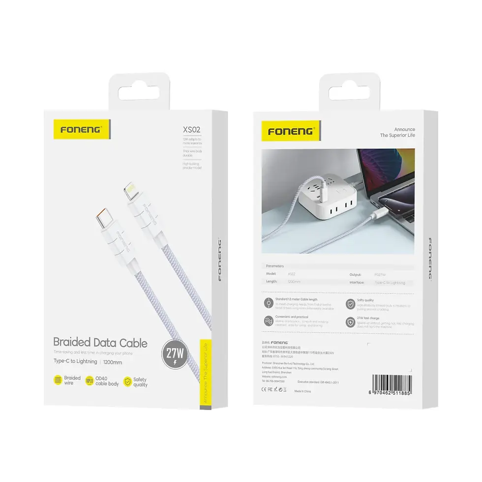 Miniatura: FONENG Cable Carga Rápida Trenzado 60W PD27W Reforzado Compatible 1.2m XS02