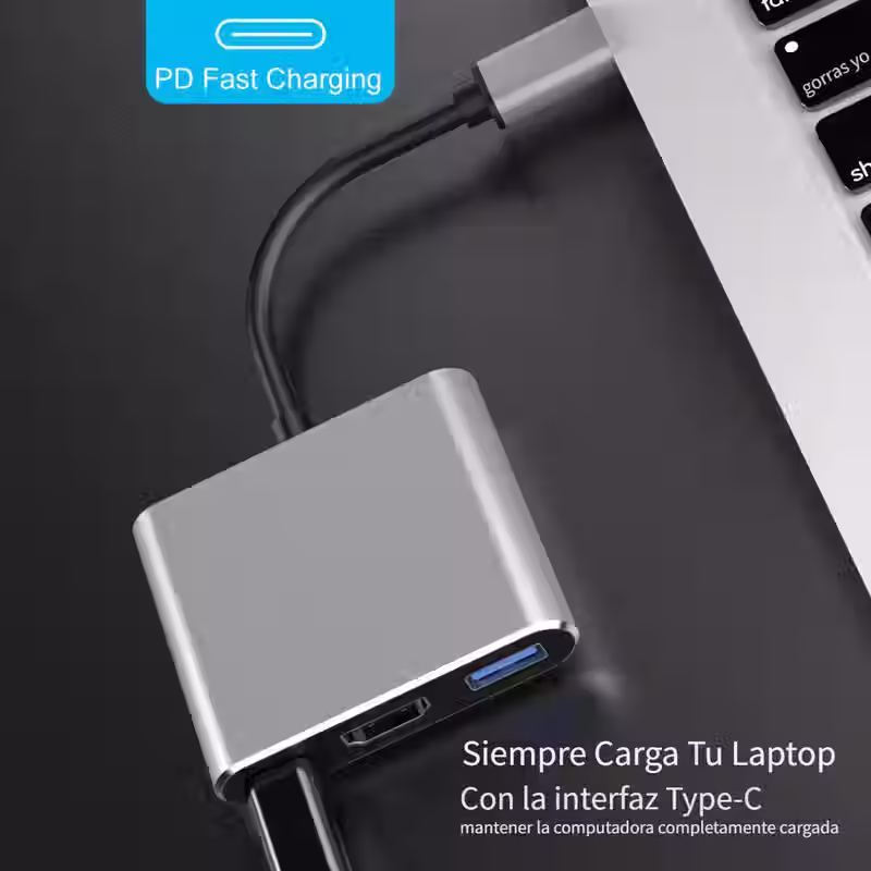 Miniatura: Hub USB-C Premium 3 en 1 – Adaptador Metálico HDMI 4K, USB 3.0 y Carga Rápida PD