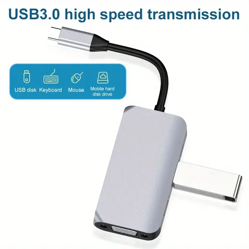 Miniatura: Adaptador de puerto múltiple USB-C 4-en-1, Tipo C a HDTV 4K, VGA, USB 3.0, Carga