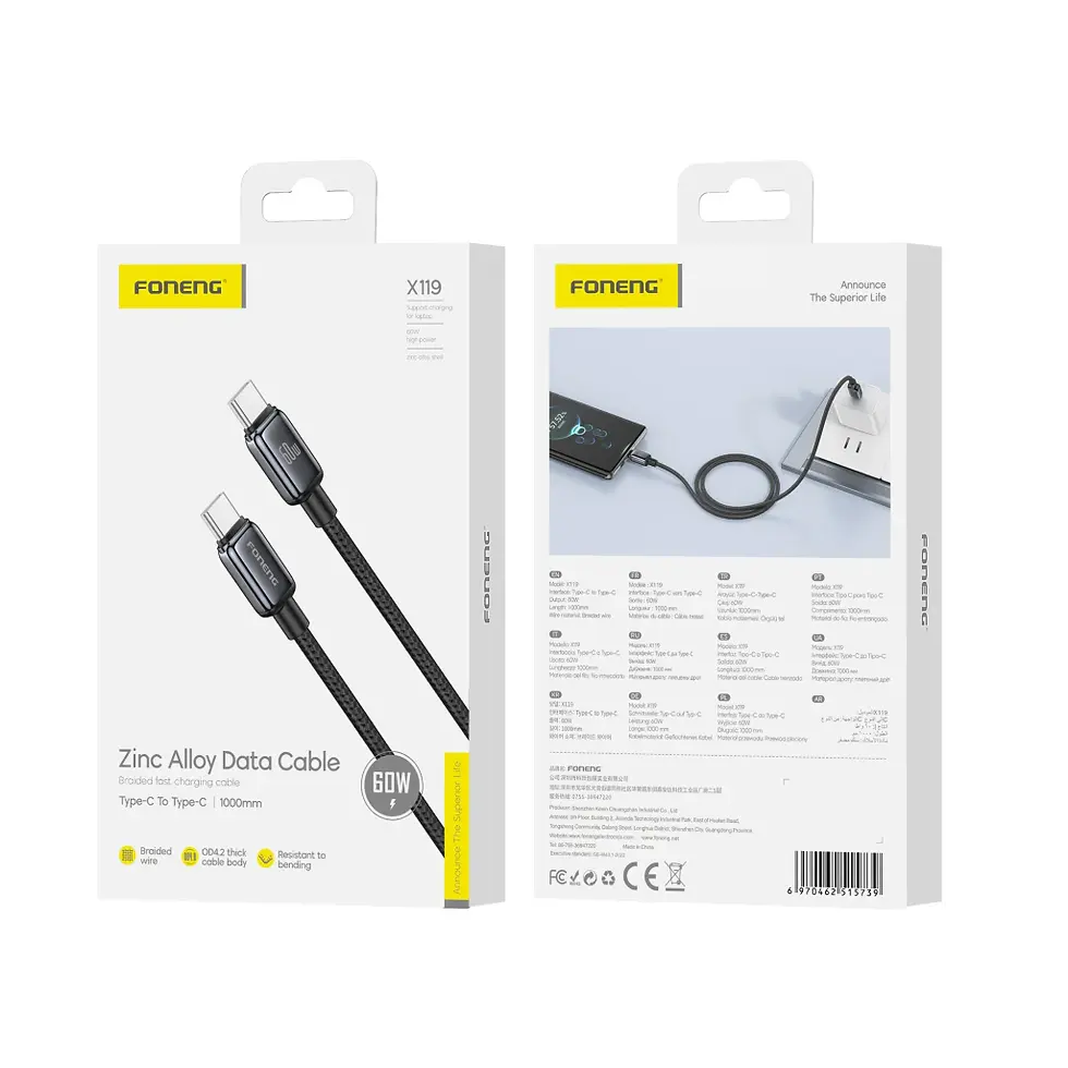 Miniatura: FONENG Cable Carga Rápida Tipo C 60W Metal Trenzado 1m X119