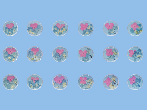 hydrangea pressed flower pinback buttons are here! 🩷