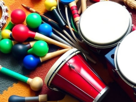 "Colorful kids musical instruments including bongos, maracas, and drumsticks on a vibrant background"