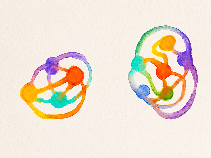 Abstract watercolour painting, a simple system on the left and a complex system on the right in bright colours