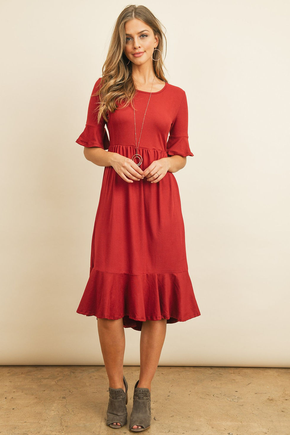 Thumbnail: Solid Cinch Waist Ruffle Dress