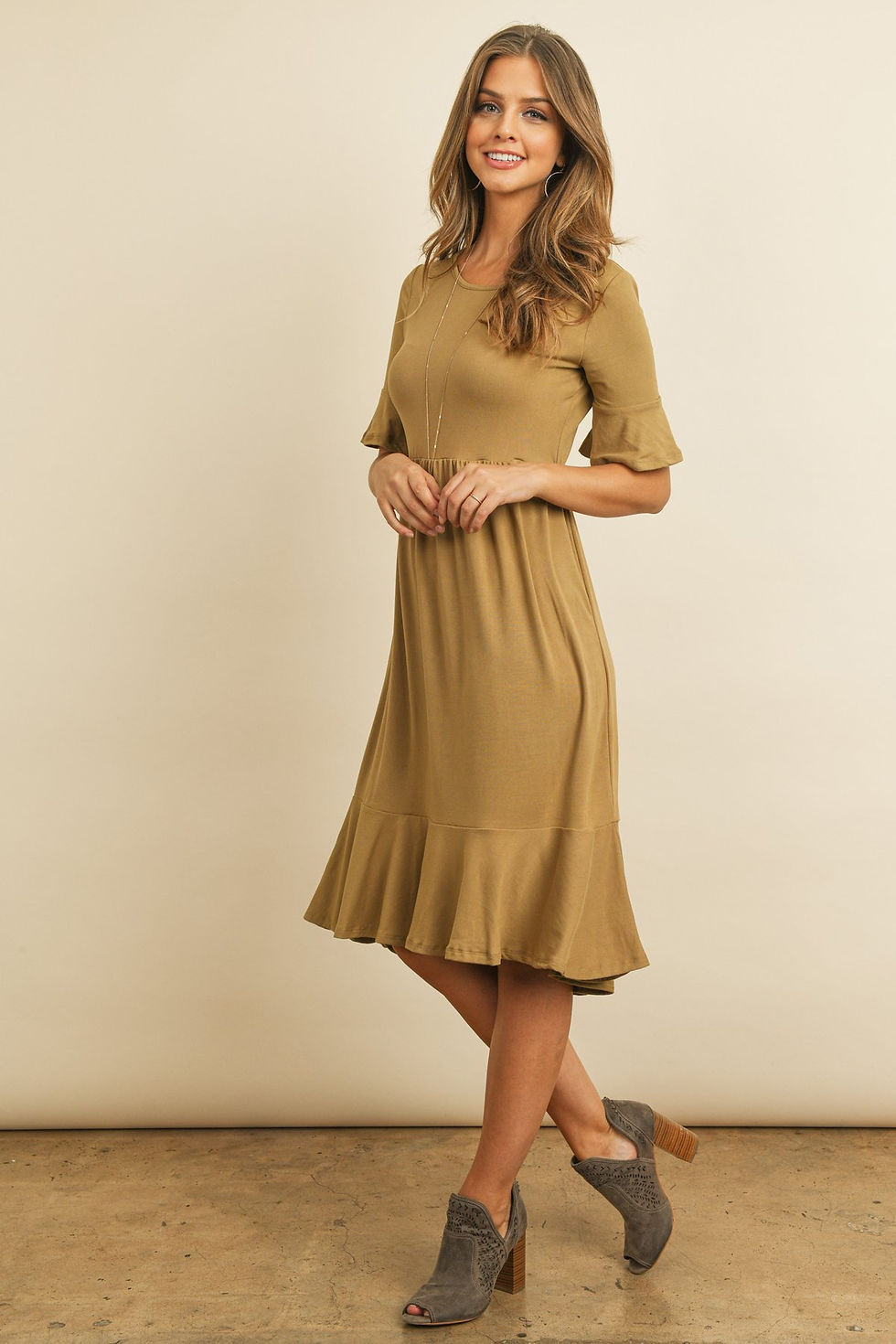 Thumbnail: Solid Cinch Waist Ruffle Dress