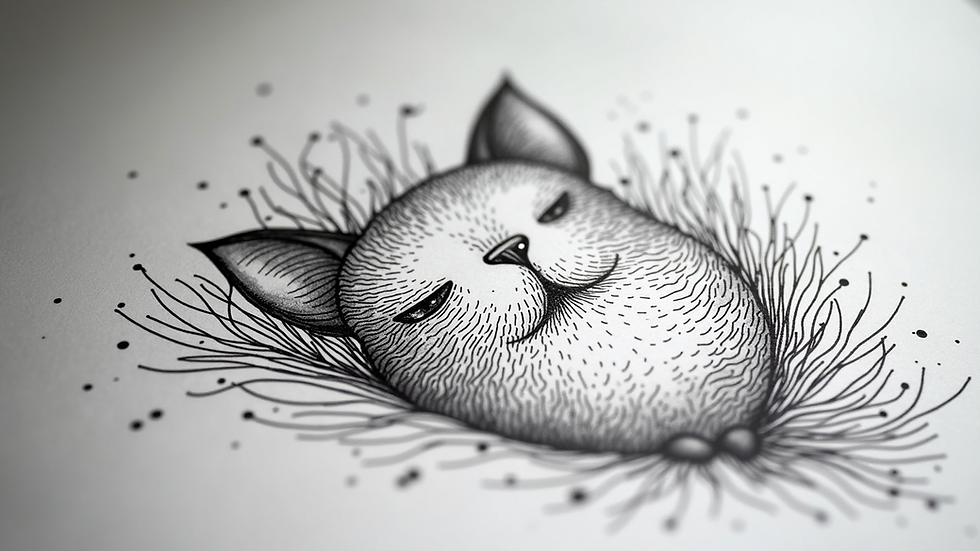 Close-up view of a whimsical black and white illustration featuring intricate line work