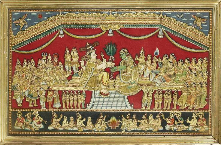 AN IMPRESSIVE PAINTING OF THE MARRIAGE OF SHIVA AND PARVATI, TANJORE, TAMIL NADU, SOUTH IN