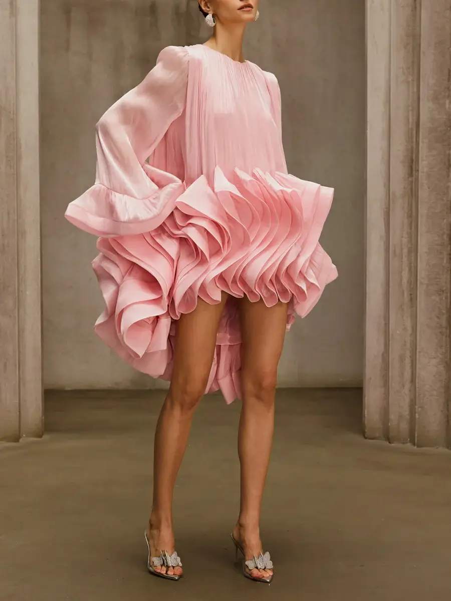 Miniatură: Chic Pink Spliced Fold Party Dress