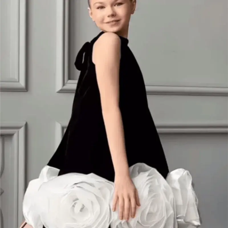 Küçük resim: Vestido de seda con flores 3D  para bebé- niña vintage, de 1 a 12 años.