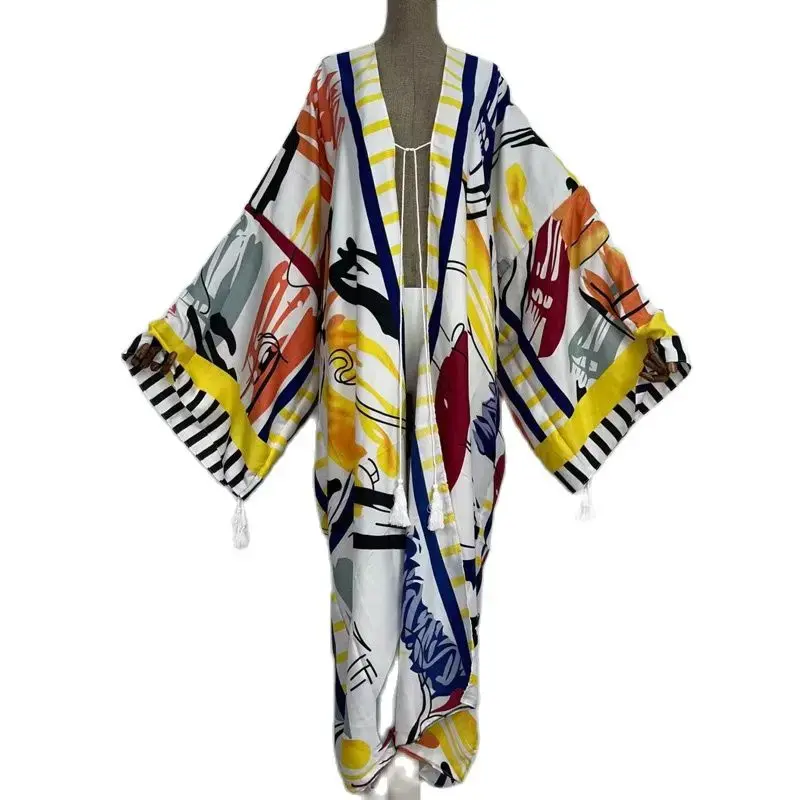 Miniatură: Colorful printed long kimono with tassels