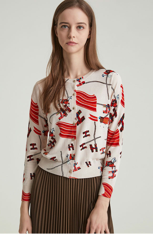 Cream cardigan with red horse and letter print