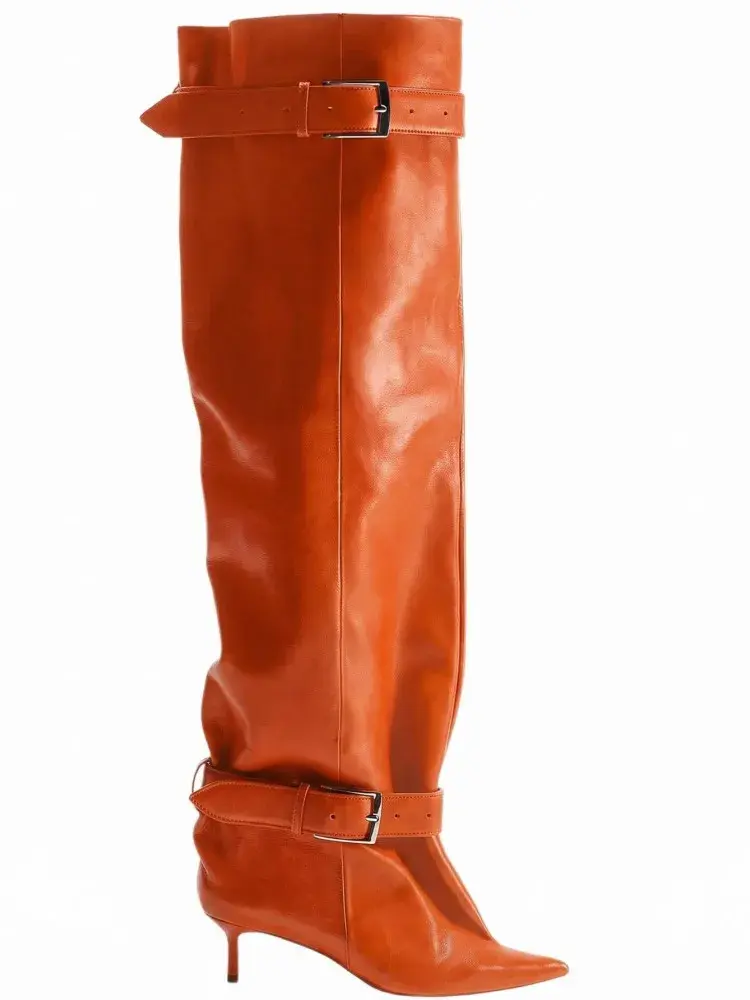 Sīktēls: Women's Thigh High Pointed Toe Buckle Boots
