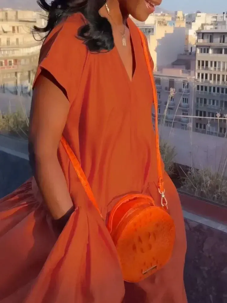 Thumbnail: Stylish Pleated V Neck Maxi Dress