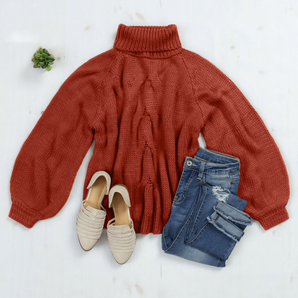 Miniatură: Burnt orange turtleneck sweater, jeans, and loafers