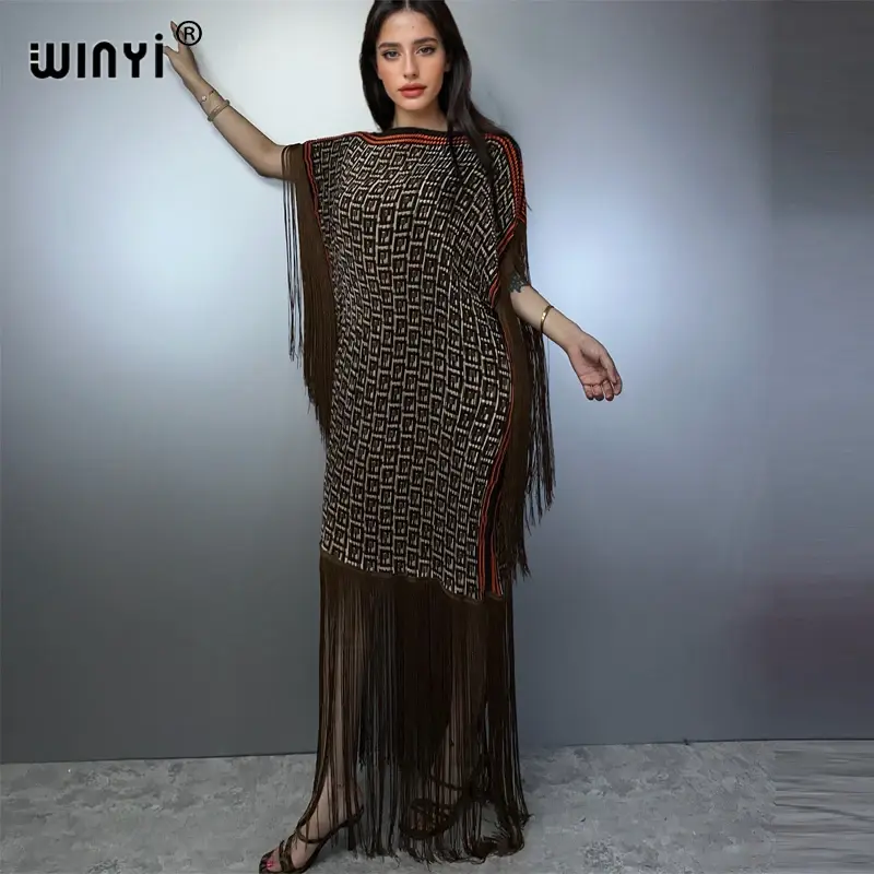 Thumbnail: Pleated Fringed Maxi Dress Women Crumple Design Loose Boho Robe