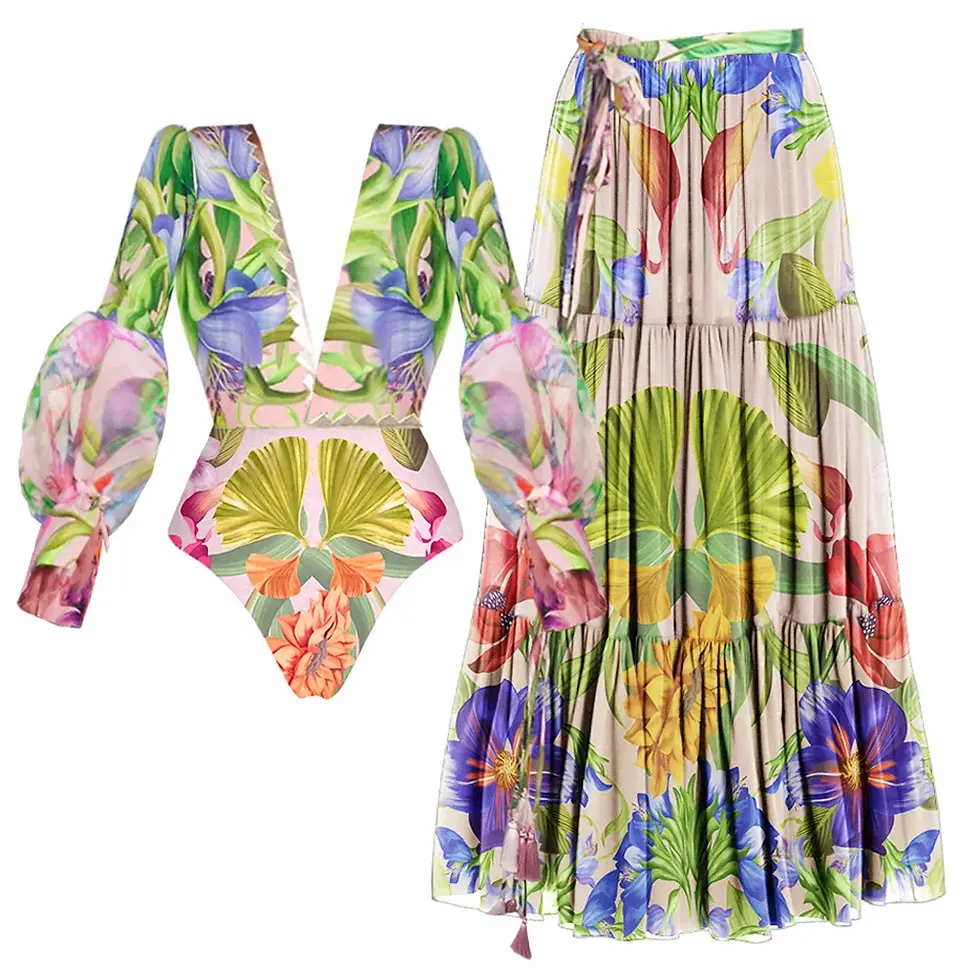 Thumbnail: Floral Ruffle One-Shoulder Swimsuit Set