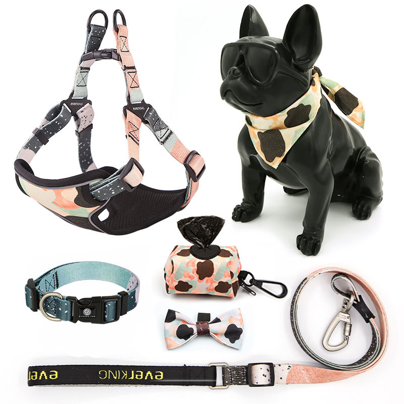 Thumbnail: Floral dog harness, collar, leash, and bandana set