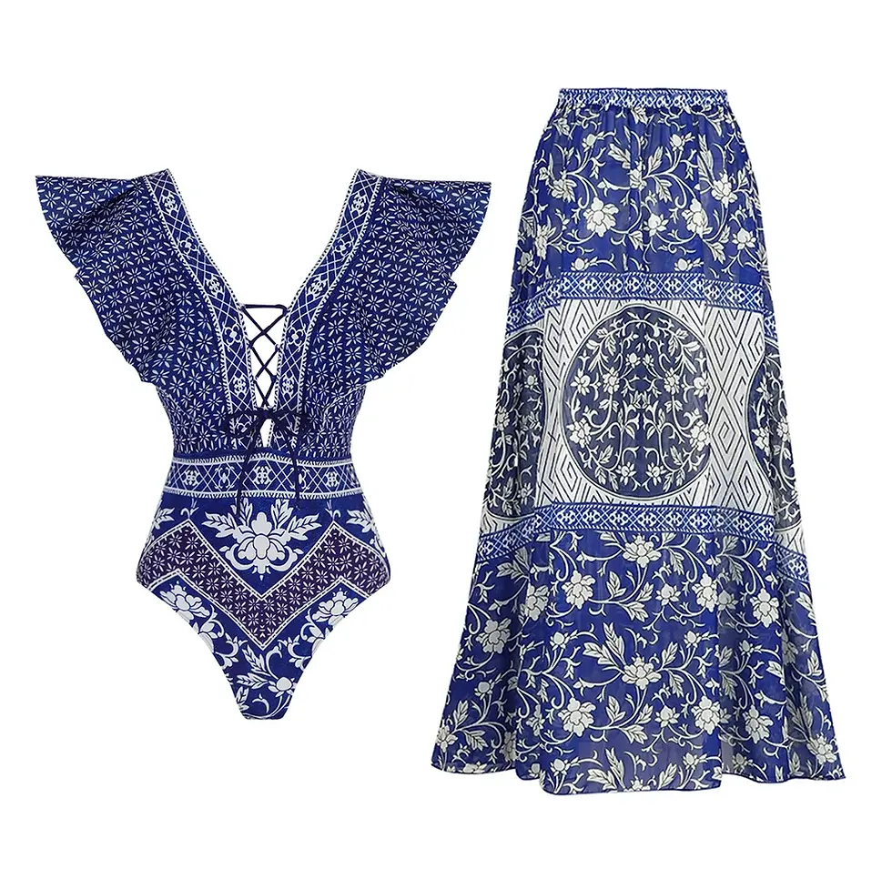 Miniatyrbild: Blue floral swimsuit and maxi skirt set