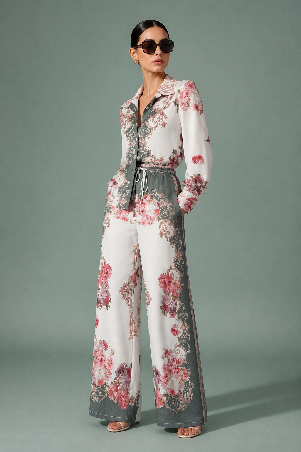 Women's Luxury Baroque Rose Print 2 Piece Outfit