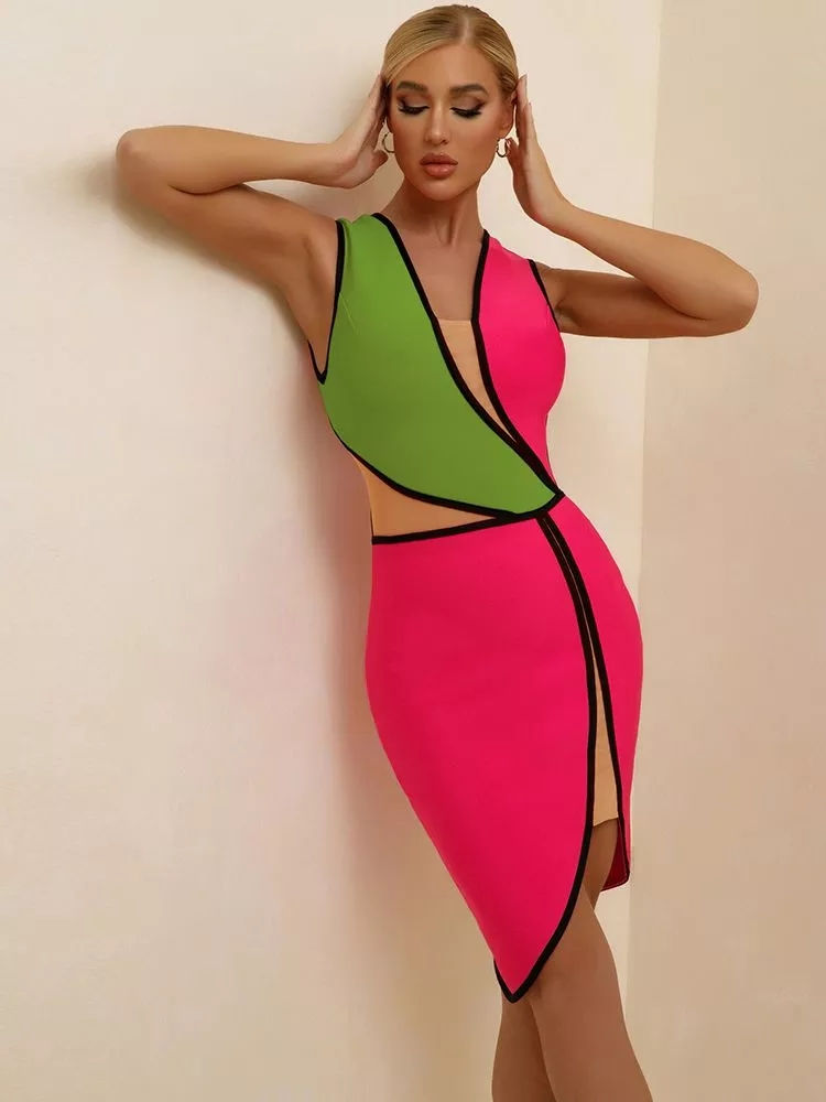 Miniatura: Woman in a vibrant pink and green bandage dress