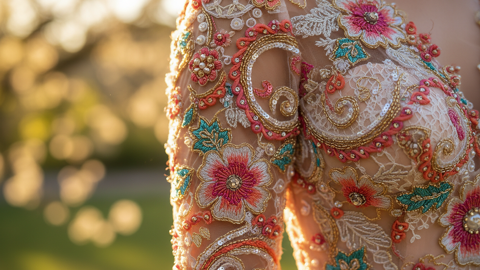 Close-up view of intricate lace and beadwork on bridal gown sleeve