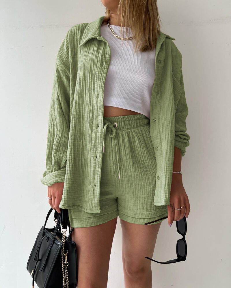 Thumbnail: Woman in light green shirt and shorts set