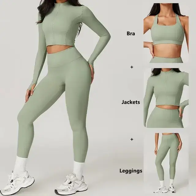 Sīktēls: Sage green athletic wear set: bra, top, leggings