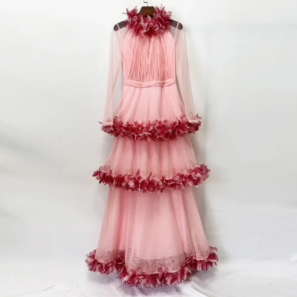 Thumbnail: Elegant Pink 3D Floral Tiered Tulle Dress