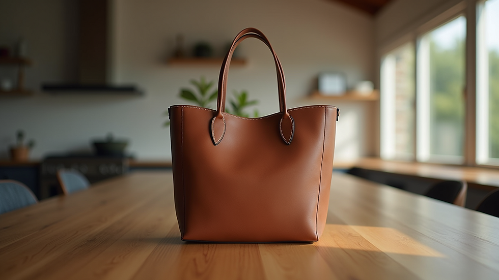 Eye-level view of a structured leather tote bag on a wooden table