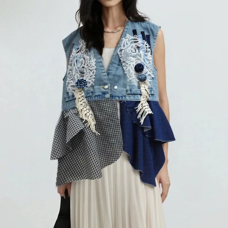 Woman in stylish denim vest with unique design