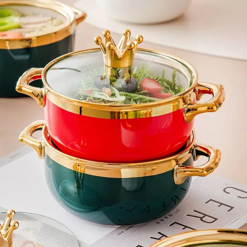 Thumbnail: Red and green ceramic bowls with gold rims and crown lid