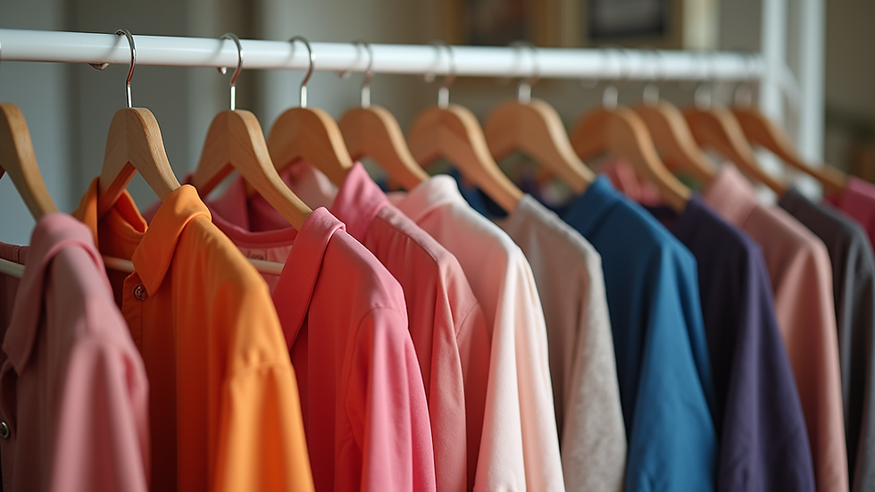 Close-up view of stylish clothing rack with vibrant dresses