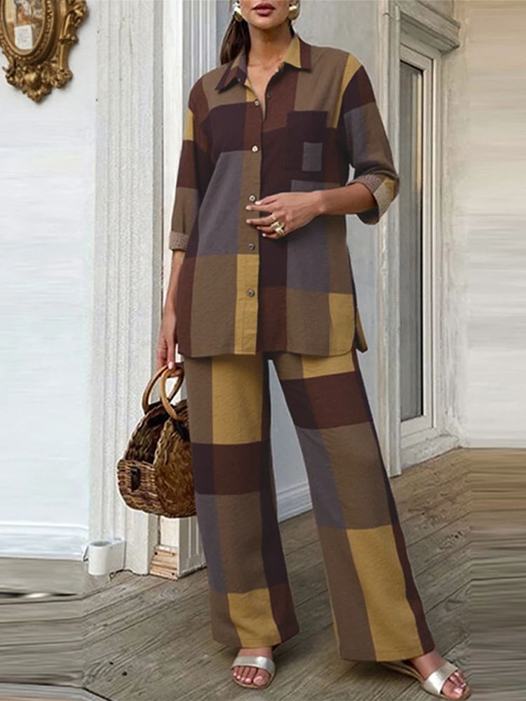 Miniatura: Vintage Print Long Sleeve Shirt & Wide Leg Pants Outfit