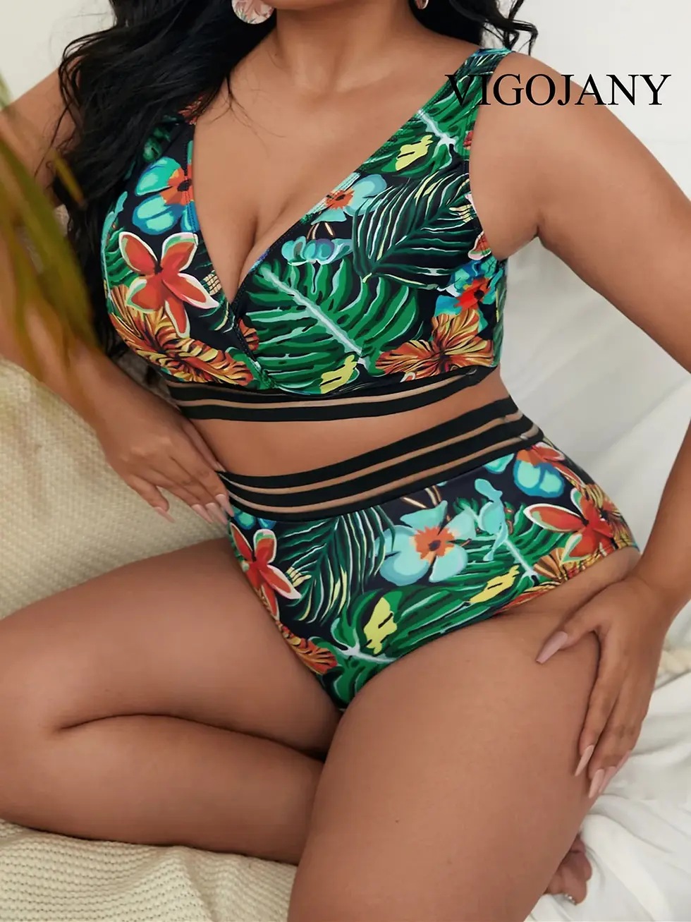 Thumbnail: VigoJany Large Floral Print Plus Size v Neck  High Waist Bikini Set