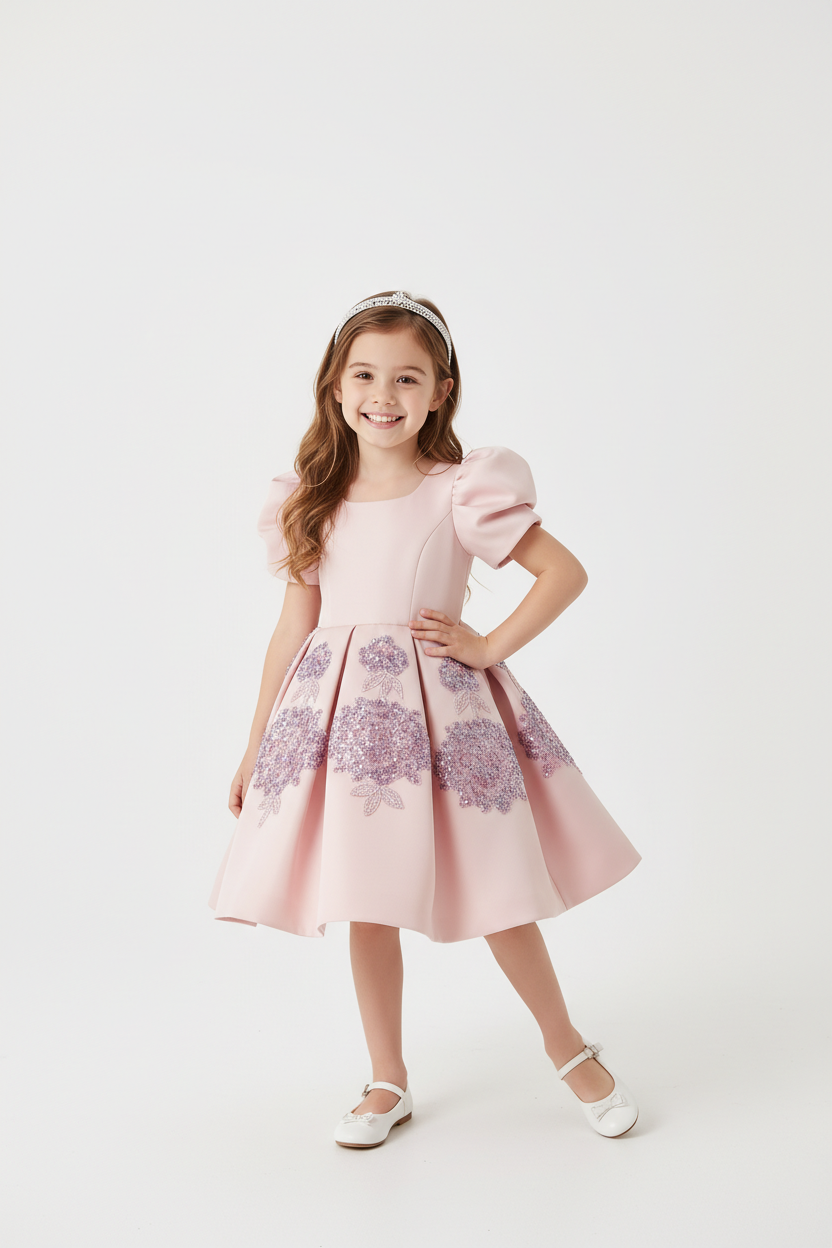 Miniatură: Baby/Girls Embroidered Princess Dress With Puff Sleeves