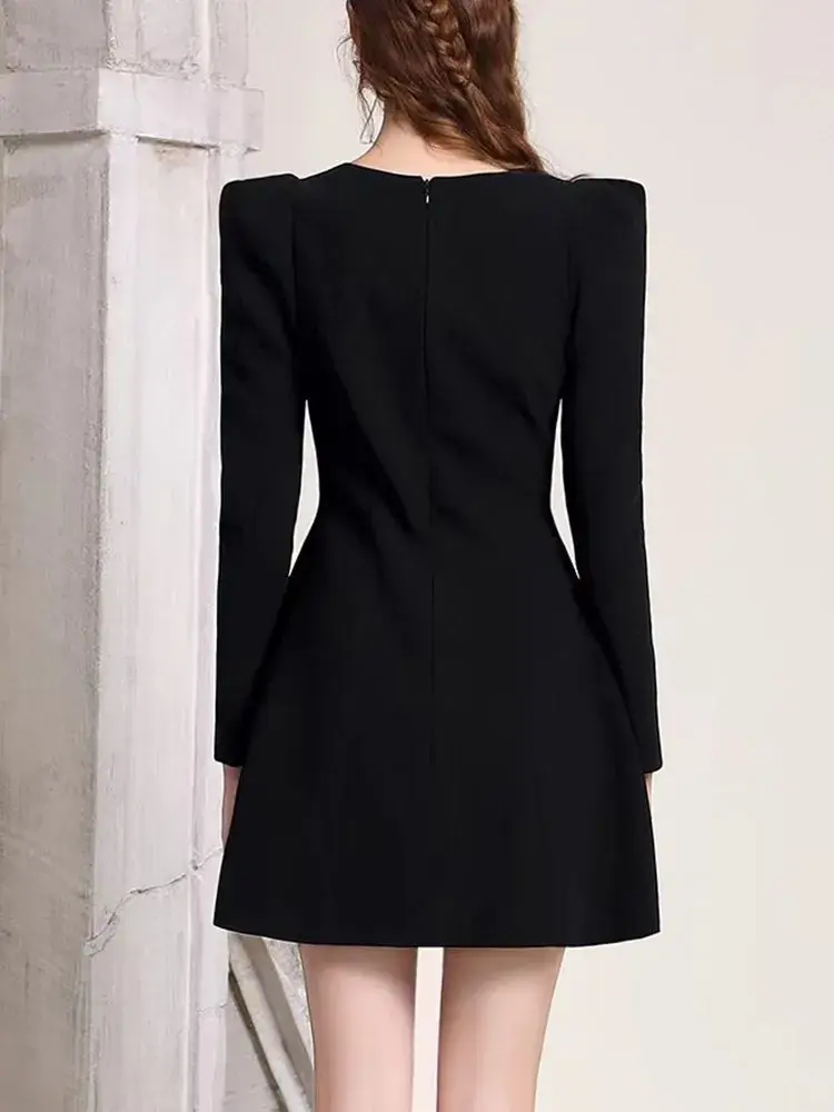 Black long-sleeve mini dress, back view