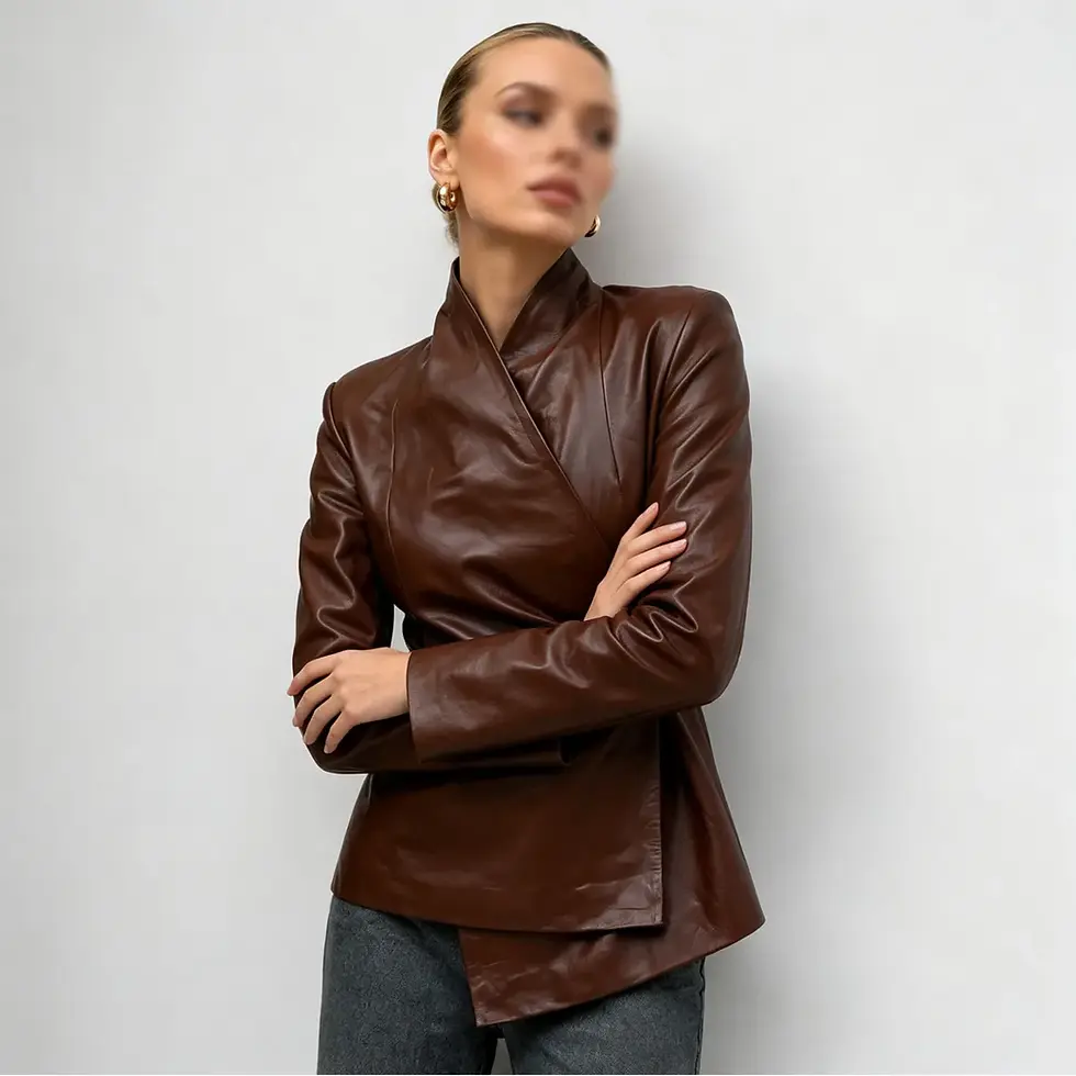Thumbnail: Vintage Brown Faux Leather Wrap Blazer