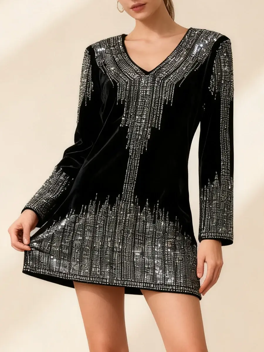 Miniature : Sexy Sequined V Neck  Party Dress