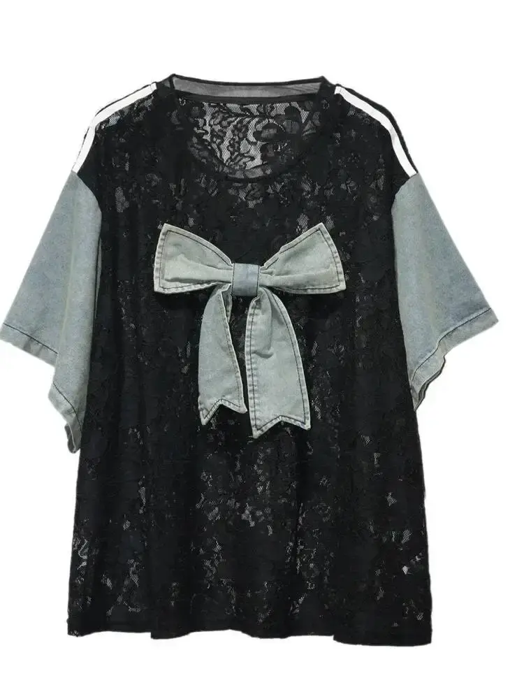 Miniatura: Casual Niche Lace Patchwork Denim Top